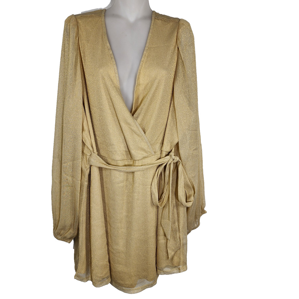 Torrid Top Women Size 5X 28 Gold Knit Glitter Lurex Surplice Peplum Puff Sleeve